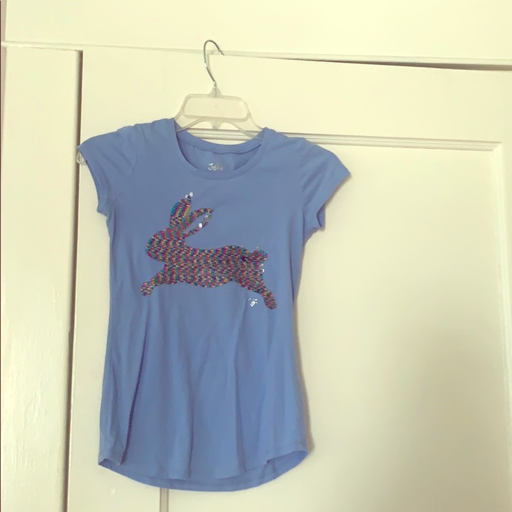 Justice blue shirt with mermaid sequence bunny.